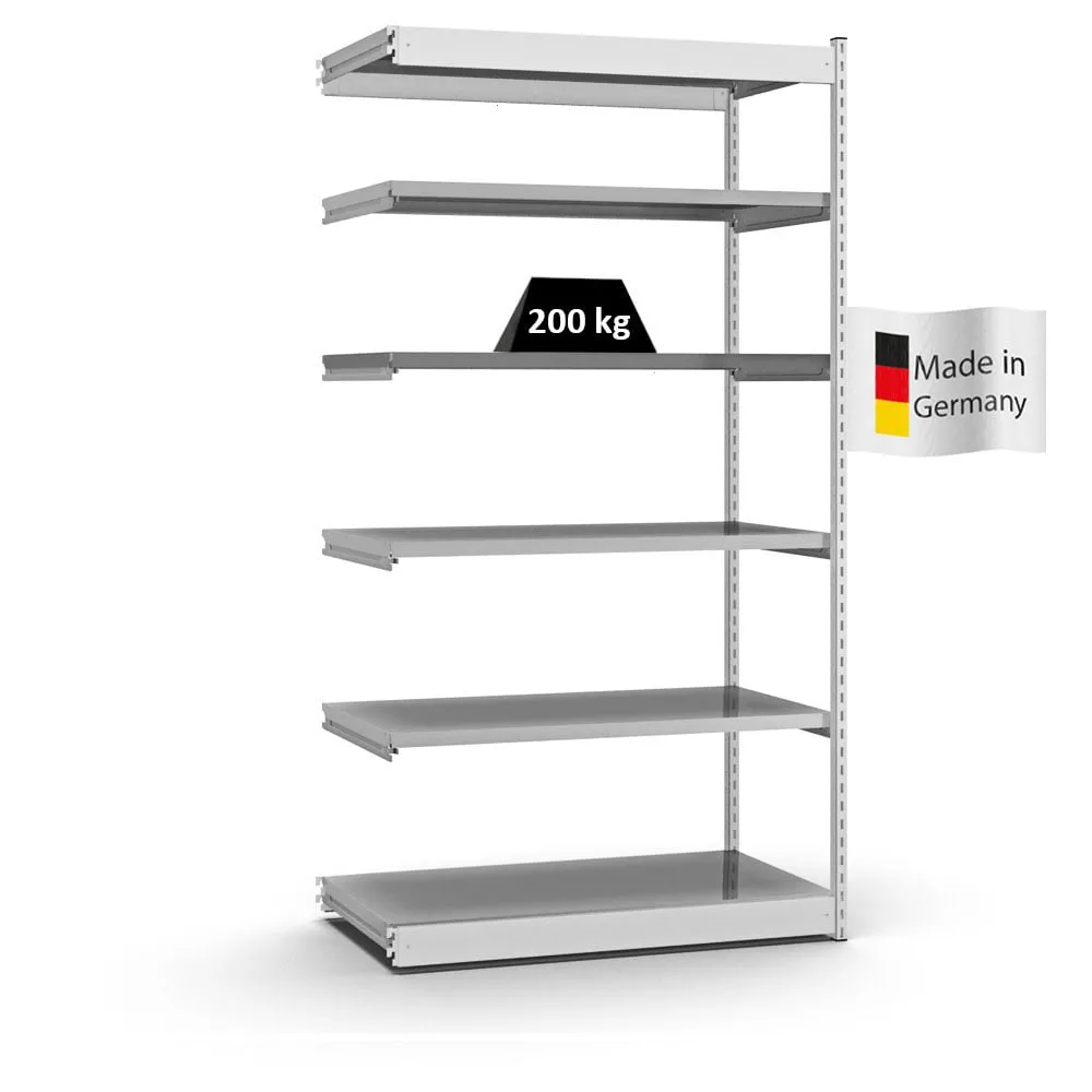 Fachbodenregal Stecksystem Vierkant-Profil | Anbauregal | HxBxT 250x132,5x60cm | 6 Ebenen | Einseitige Bauart | Fachlast 200kg | Lichtgrau/Verzinkt