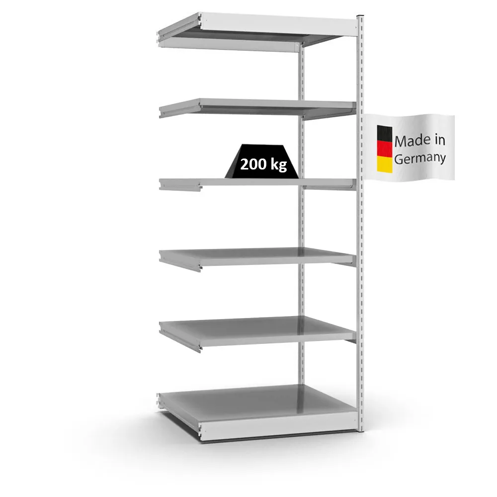 Fachbodenregal Stecksystem Vierkant-Profil | Anbauregal | HxBxT 250x102,5x80cm | 6 Ebenen | Einseitige Bauart | Fachlast 200kg | Lichtgrau/Verzinkt