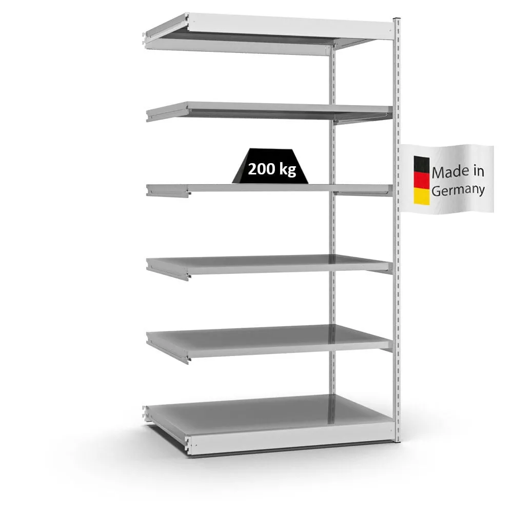Fachbodenregal Stecksystem Vierkant-Profil | Anbauregal | HxBxT 250x132,5x80cm | 6 Ebenen | Einseitige Bauart | Fachlast 200kg | Lichtgrau/Verzinkt
