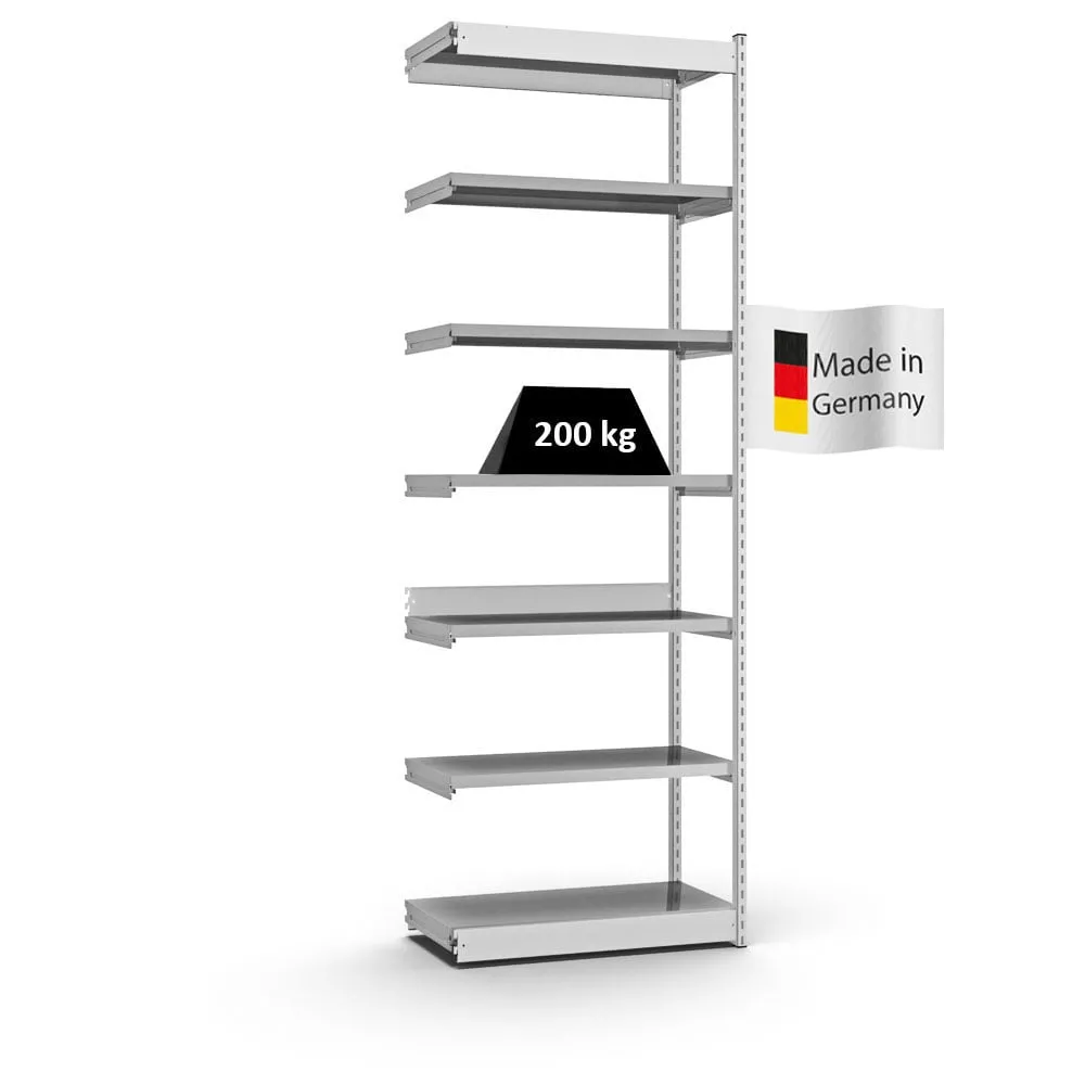 Fachbodenregal Stecksystem Vierkant-Profil | Anbauregal | HxBxT 300x102,5x40cm | 7 Ebenen | Einseitige Bauart | Fachlast 200kg | Lichtgrau/Verzinkt