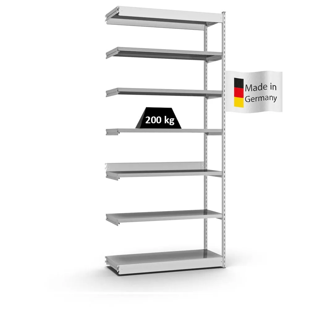 Fachbodenregal Stecksystem Vierkant-Profil | Anbauregal | HxBxT 300x132,5x40cm | 7 Ebenen | Einseitige Bauart | Fachlast 200kg | Lichtgrau/Verzinkt