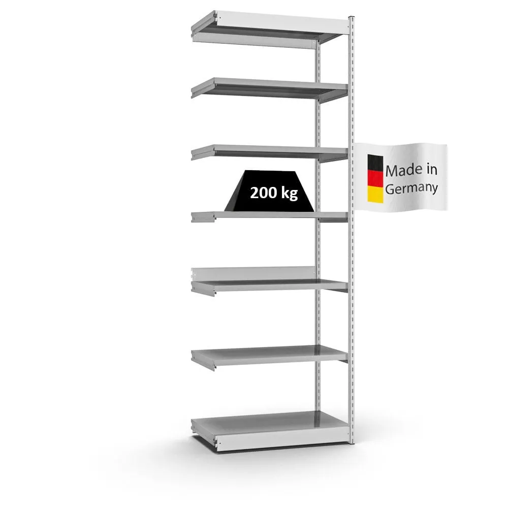 Fachbodenregal Stecksystem Vierkant-Profil | Anbauregal | HxBxT 300x102,5x50cm | 7 Ebenen | Einseitige Bauart | Fachlast 200kg | Lichtgrau/Verzinkt
