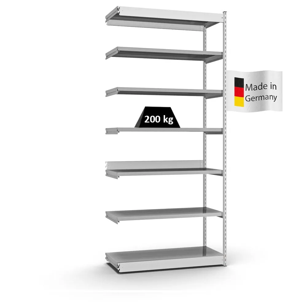 Fachbodenregal Stecksystem Vierkant-Profil | Anbauregal | HxBxT 300x132,5x50cm | 7 Ebenen | Einseitige Bauart | Fachlast 200kg | Lichtgrau/Verzinkt