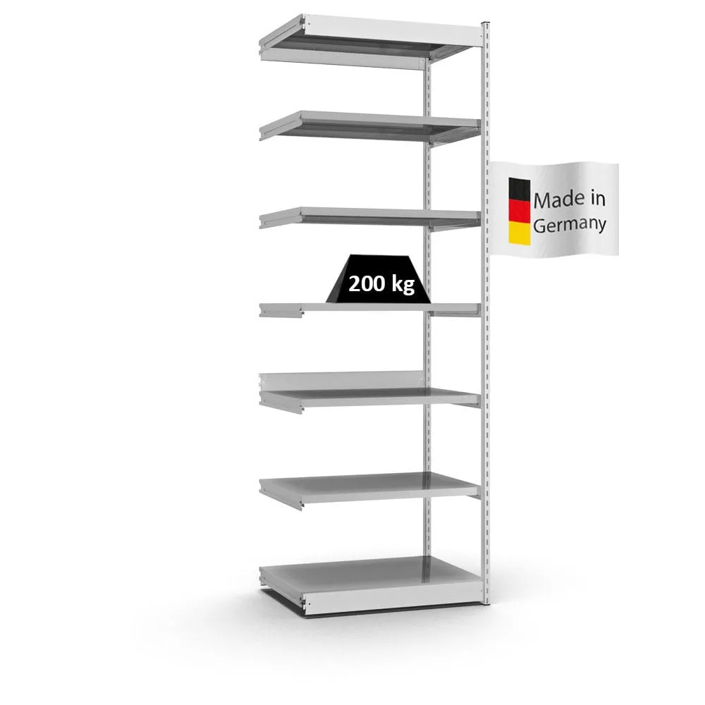 Fachbodenregal Stecksystem Vierkant-Profil | Anbauregal | HxBxT 300x102,5x60cm | 7 Ebenen | Einseitige Bauart | Fachlast 200kg | Lichtgrau/Verzinkt