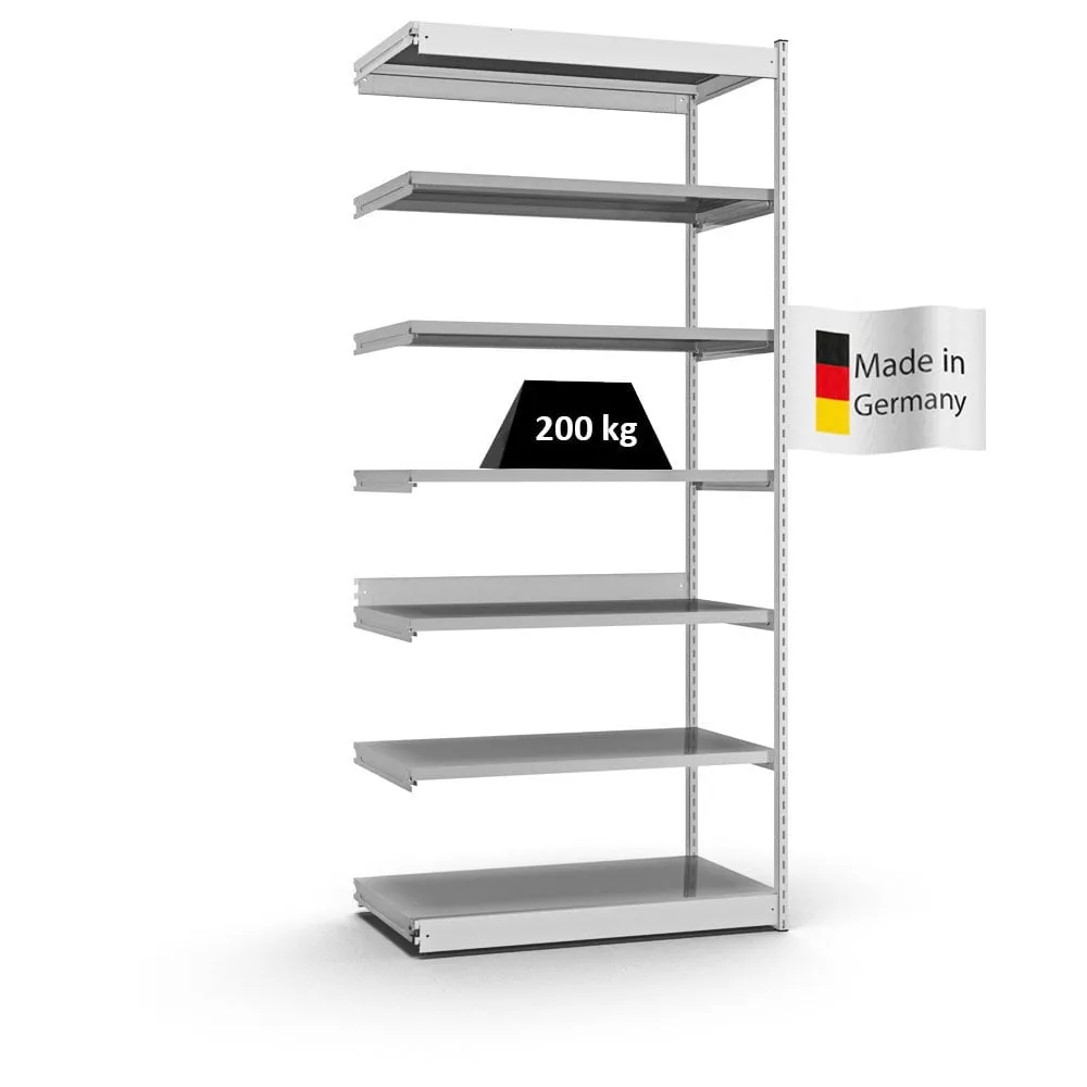 Fachbodenregal Stecksystem Vierkant-Profil | Anbauregal | HxBxT 300x132,5x60cm | 7 Ebenen | Einseitige Bauart | Fachlast 200kg | Lichtgrau/Verzinkt