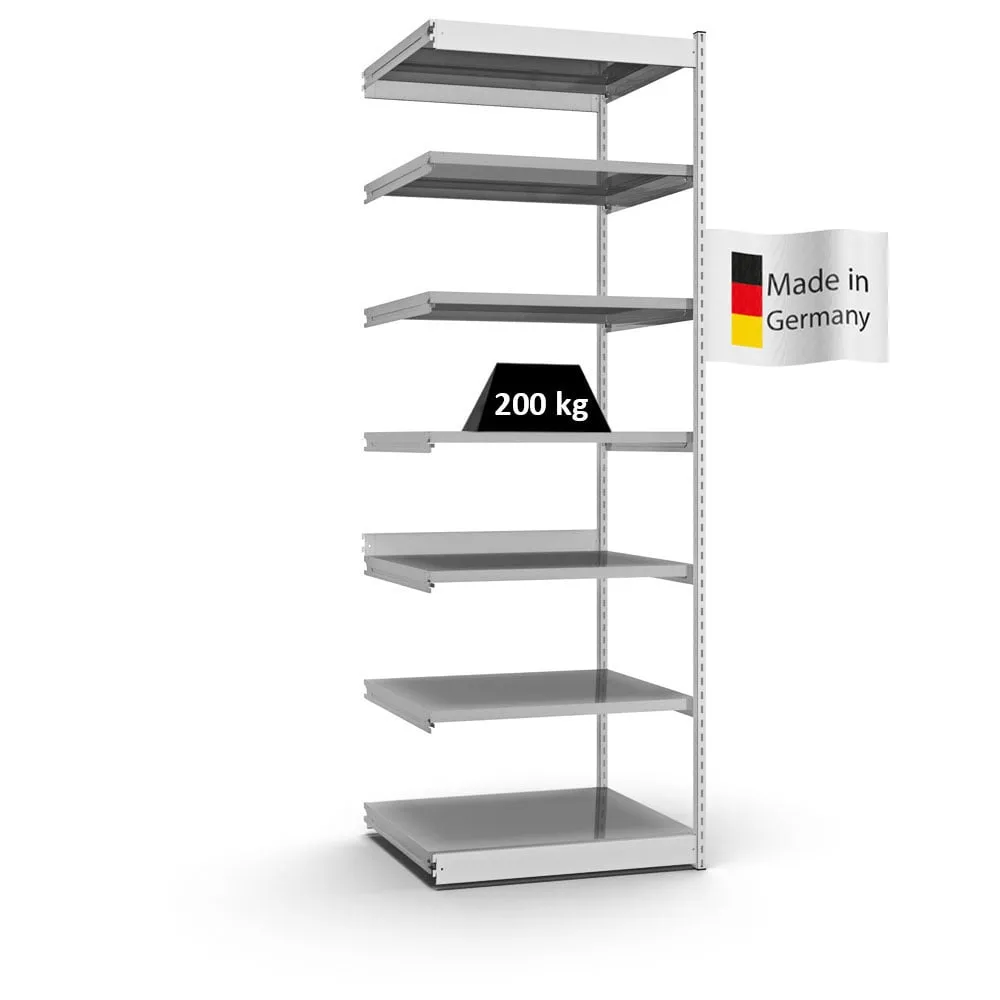 Fachbodenregal Stecksystem Vierkant-Profil | Anbauregal | HxBxT 300x102,5x80cm | 7 Ebenen | Einseitige Bauart | Fachlast 200kg | Lichtgrau/Verzinkt