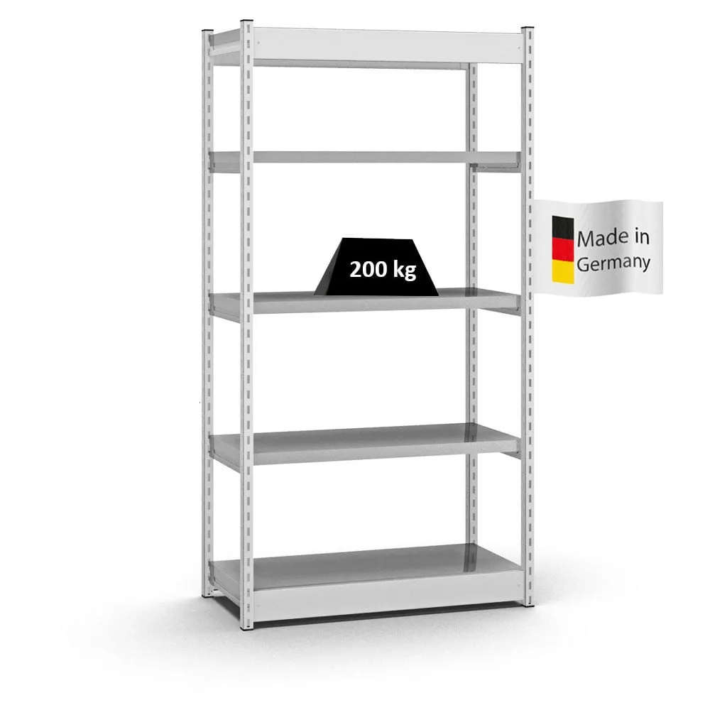 Fachbodenregal Stecksystem Vierkant-Profil | Grundregal | HxBxT 200x102,5x40cm | 5 Ebenen | Einseitige Bauart | Fachlast 200kg | Lichtgrau/Verzinkt