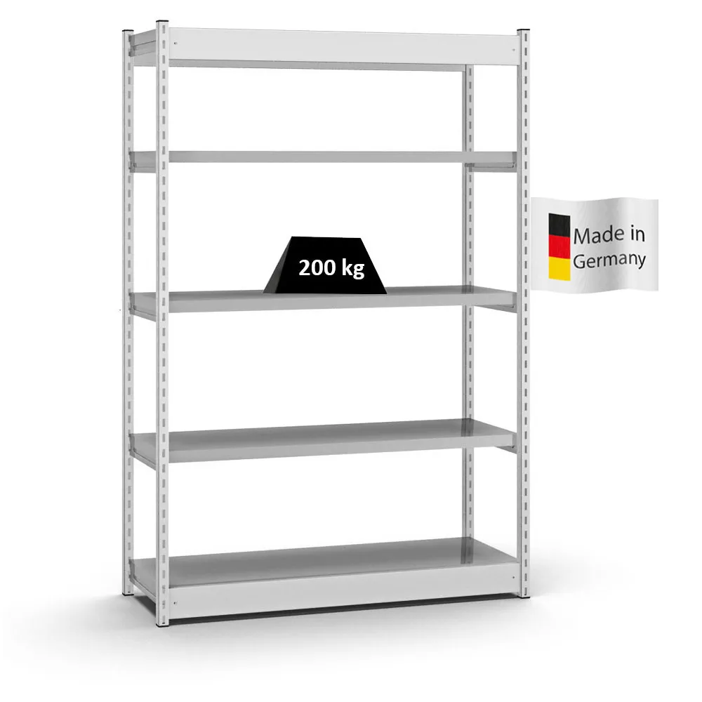 Fachbodenregal Stecksystem Vierkant-Profil | Grundregal | HxBxT 200x132,5x40cm | 5 Ebenen | Einseitige Bauart | Fachlast 200kg | Lichtgrau/Verzinkt