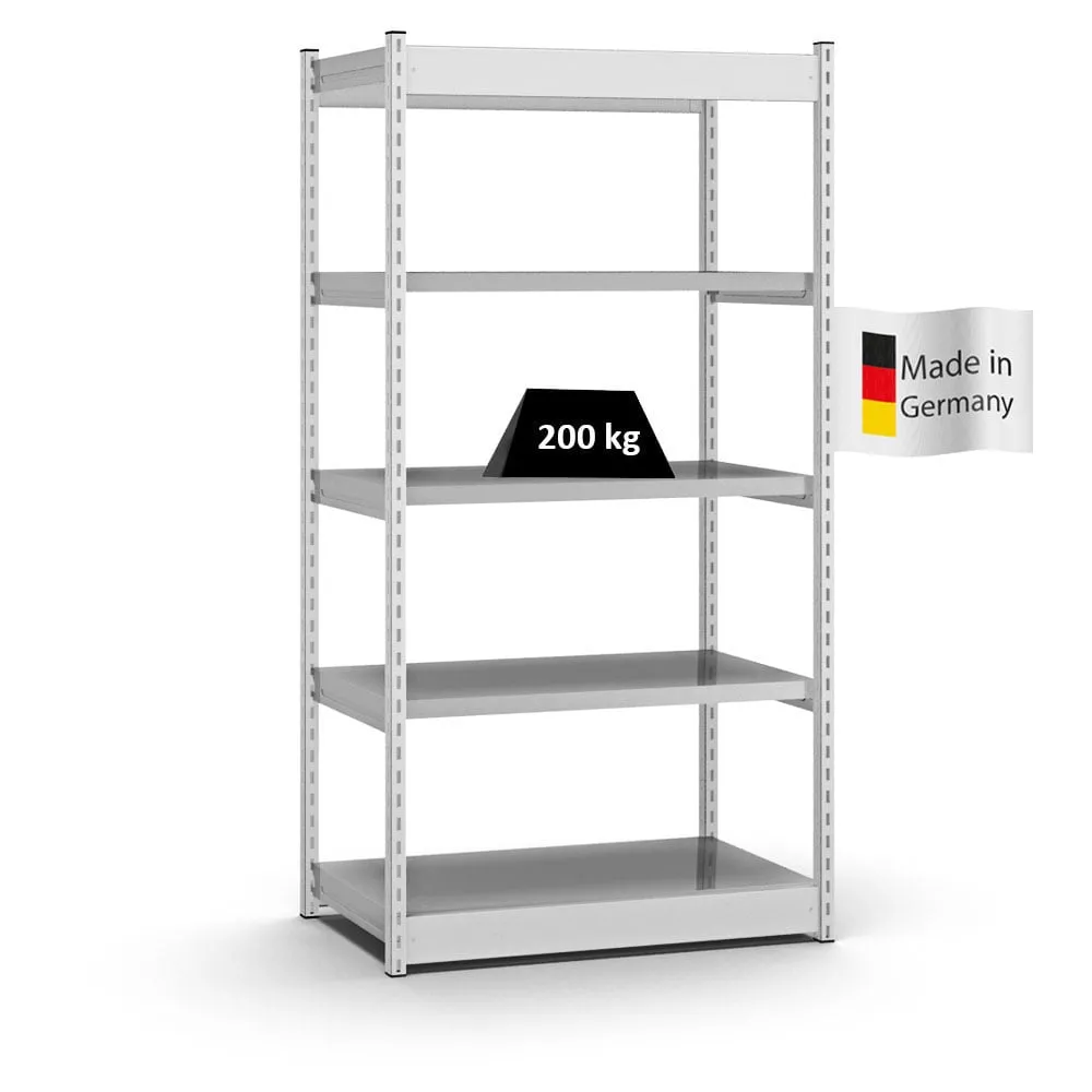 Fachbodenregal Stecksystem Vierkant-Profil | Grundregal | HxBxT 200x102,5x50cm | 5 Ebenen | Einseitige Bauart | Fachlast 200kg | Lichtgrau/Verzinkt