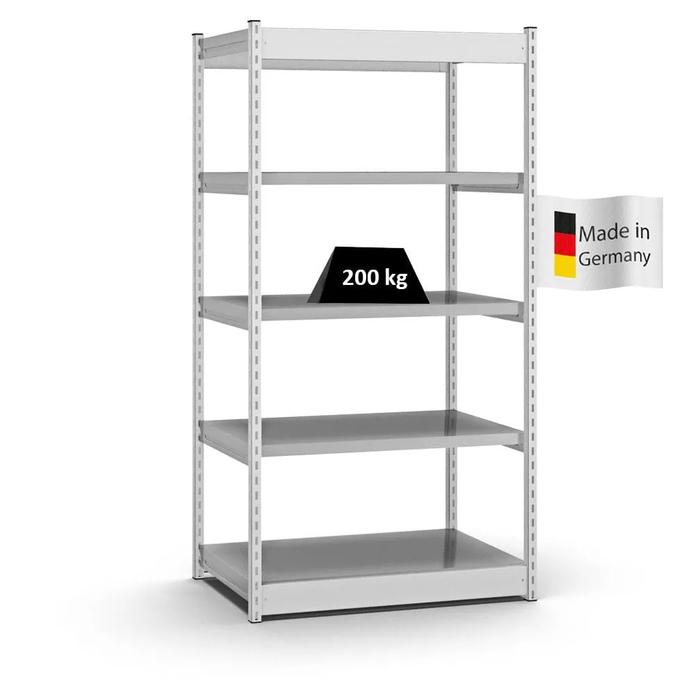 Fachbodenregal Stecksystem Vierkant-Profil | Grundregal | HxBxT 200x102,5x60cm | 5 Ebenen | Einseitige Bauart | Fachlast 200kg | Lichtgrau/Verzinkt