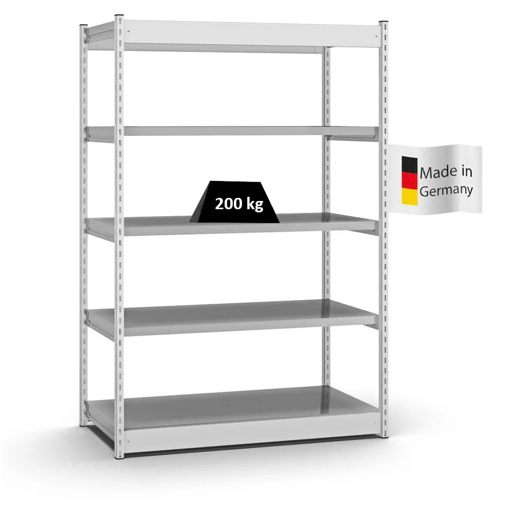 Fachbodenregal Stecksystem Vierkant-Profil | Grundregal | HxBxT 200x132,5x60cm | 5 Ebenen | Einseitige Bauart | Fachlast 200kg | Lichtgrau/Verzinkt