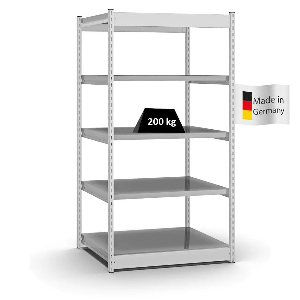 Fachbodenregal Stecksystem Vierkant-Profil | Grundregal | HxBxT 200x102,5x80cm | 5 Ebenen | Einseitige Bauart | Fachlast 200kg | Lichtgrau/Verzinkt