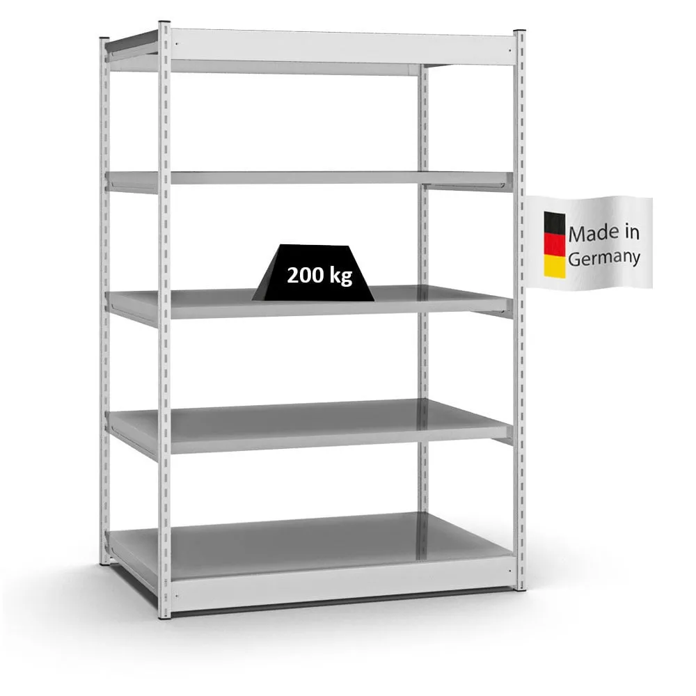 Fachbodenregal Stecksystem Vierkant-Profil | Grundregal | HxBxT 200x132,5x80cm | 5 Ebenen | Einseitige Bauart | Fachlast 200kg | Lichtgrau/Verzinkt