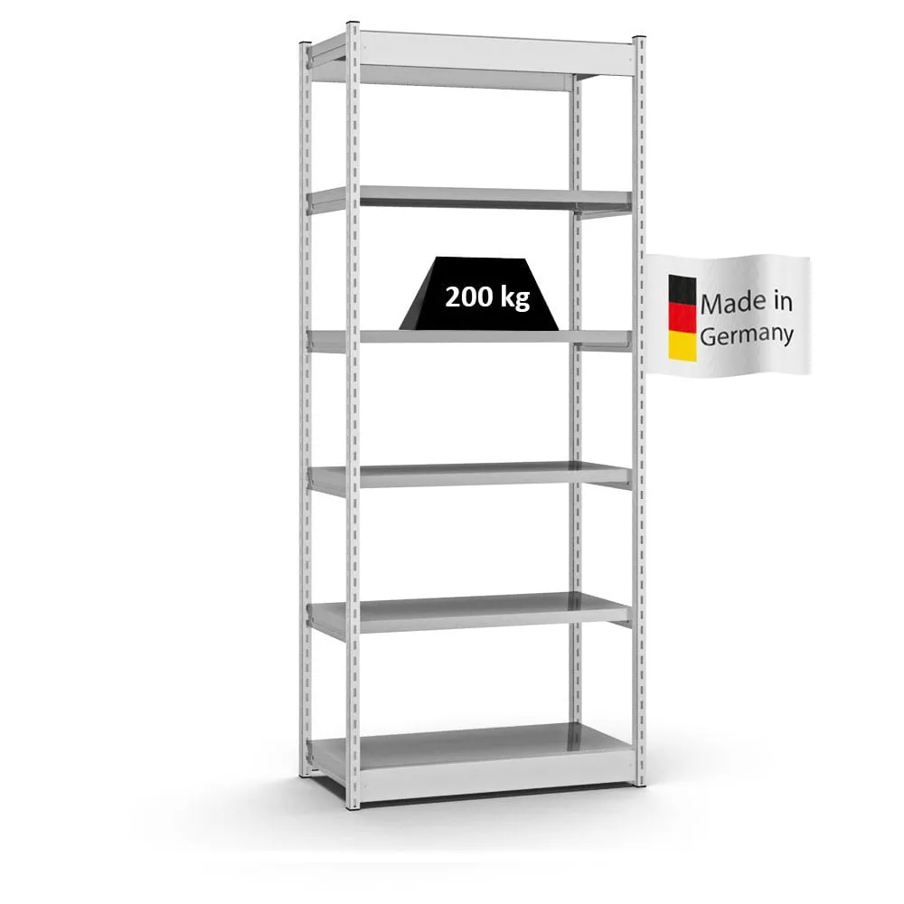 Fachbodenregal Stecksystem Vierkant-Profil | Grundregal | HxBxT 250x102,5x40cm | 6 Ebenen | Einseitige Bauart | Fachlast 200kg | Lichtgrau/Verzinkt