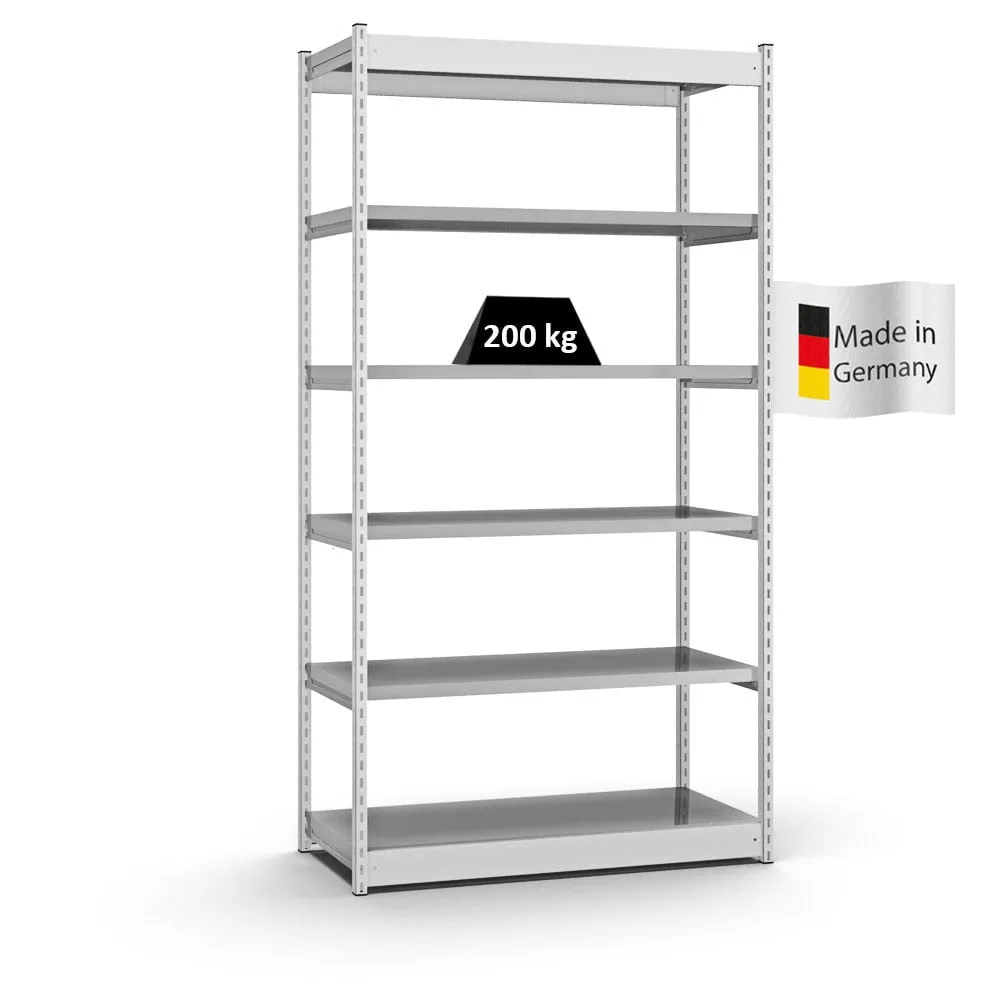 Fachbodenregal Stecksystem Vierkant-Profil | Grundregal | HxBxT 250x132,5x50cm | 6 Ebenen | Einseitige Bauart | Fachlast 200kg | Lichtgrau/Verzinkt