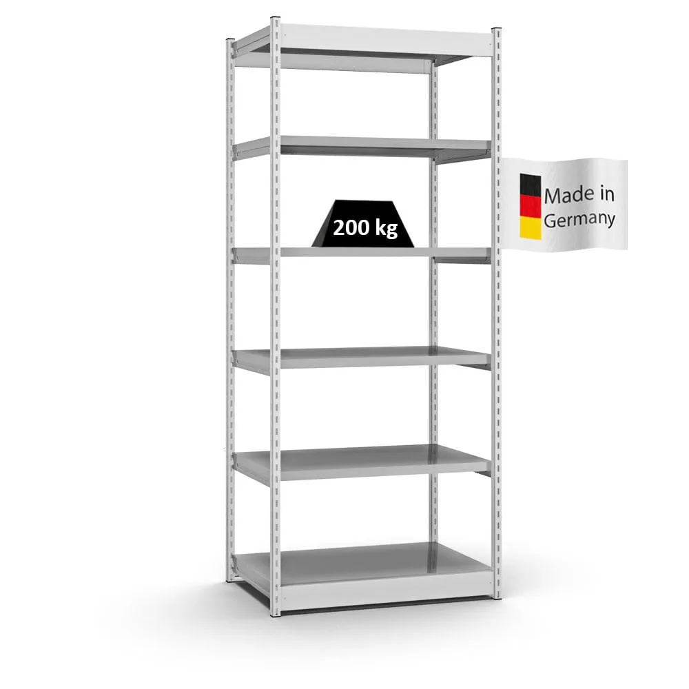 Fachbodenregal Stecksystem Vierkant-Profil | Grundregal | HxBxT 250x102,5x60cm | 6 Ebenen | Einseitige Bauart | Fachlast 200kg | Lichtgrau/Verzinkt