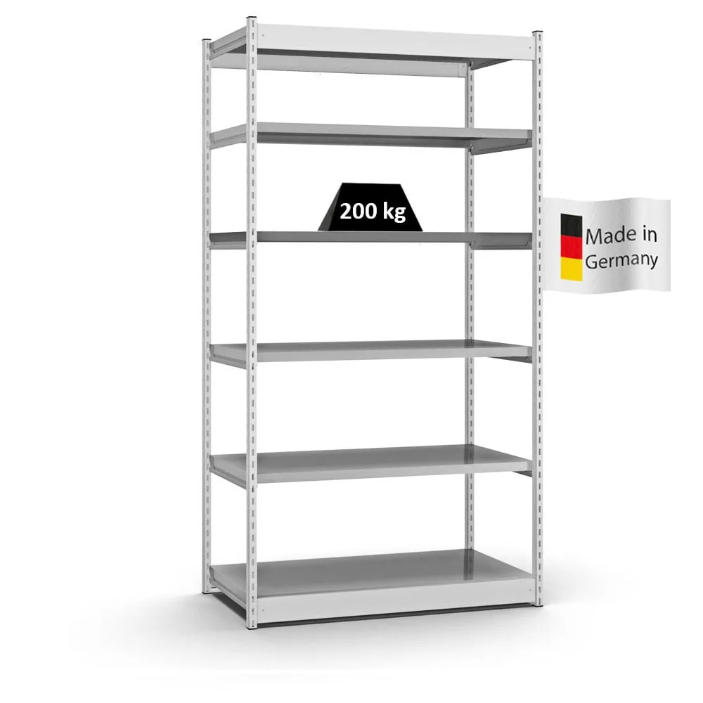 Fachbodenregal Stecksystem Vierkant-Profil | Grundregal | HxBxT 250x132,5x60cm | 6 Ebenen | Einseitige Bauart | Fachlast 200kg | Lichtgrau/Verzinkt