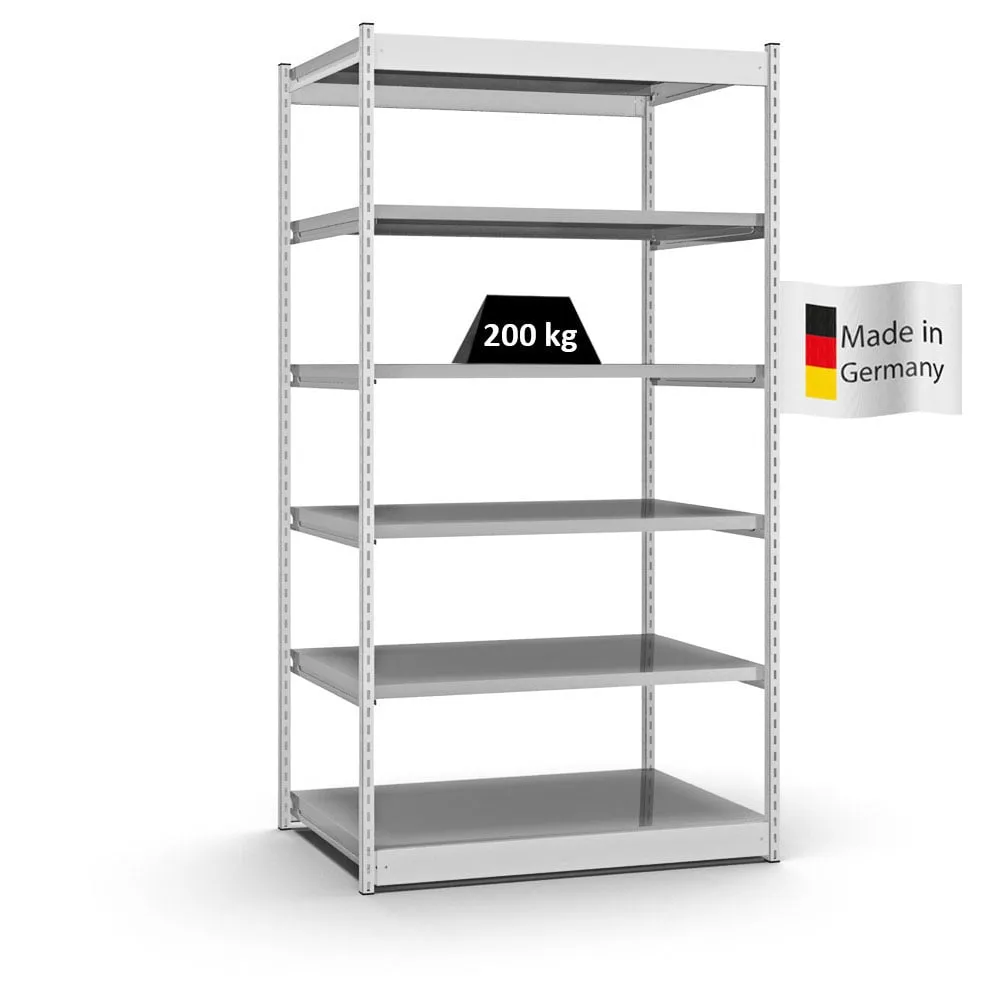 Fachbodenregal Stecksystem Vierkant-Profil | Grundregal | HxBxT 250x132,5x80cm | 6 Ebenen | Einseitige Bauart | Fachlast 200kg | Lichtgrau/Verzinkt