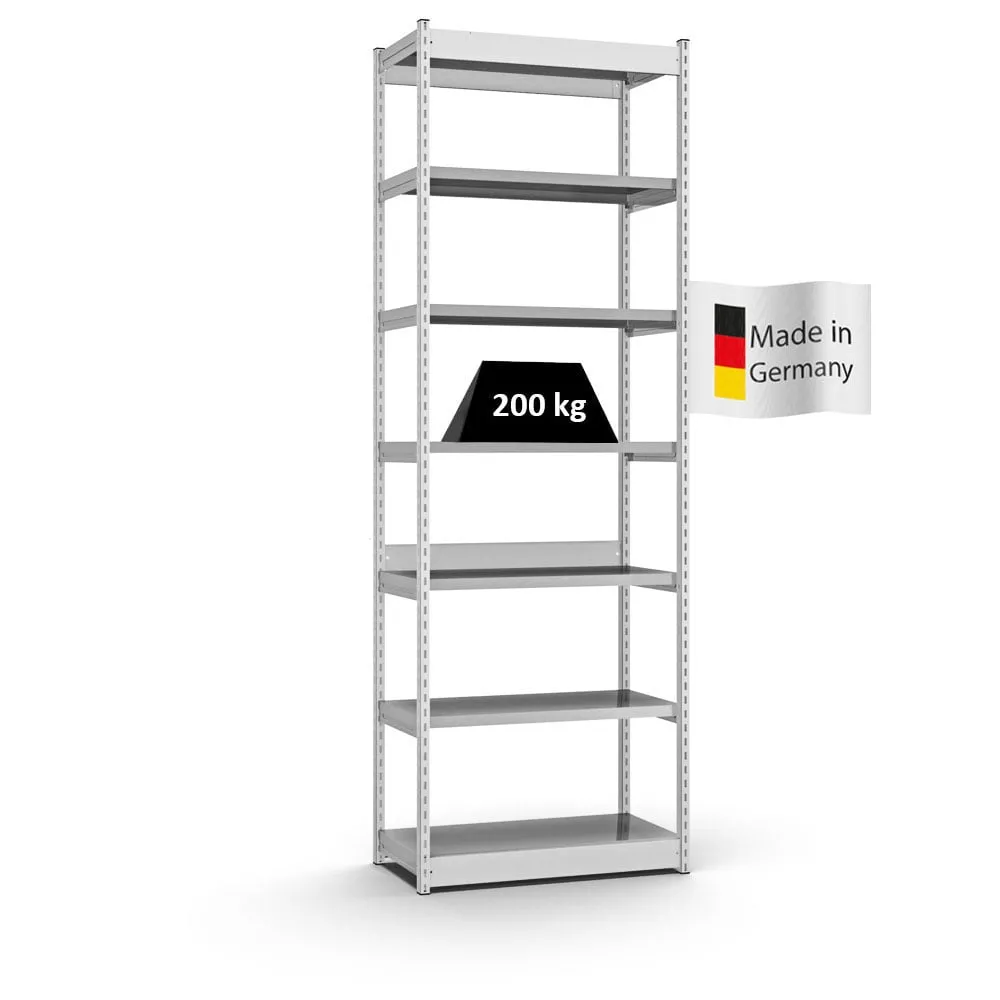 Fachbodenregal Stecksystem Vierkant-Profil | Grundregal | HxBxT 300x102,5x40cm | 7 Ebenen | Einseitige Bauart | Fachlast 200kg | Lichtgrau/Verzinkt