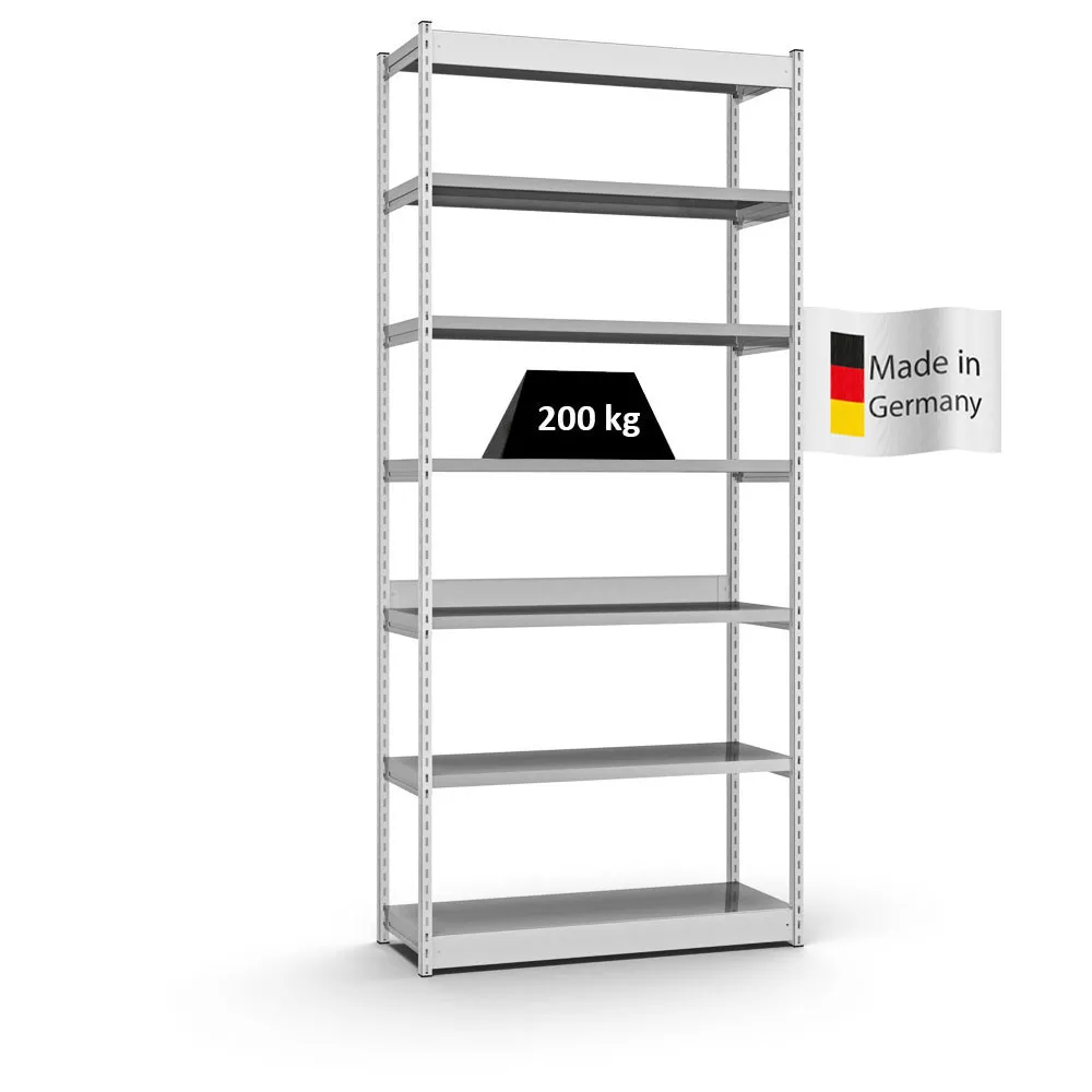 Fachbodenregal Stecksystem Vierkant-Profil | Grundregal | HxBxT 300x132,5x40cm | 7 Ebenen | Einseitige Bauart | Fachlast 200kg | Lichtgrau/Verzinkt