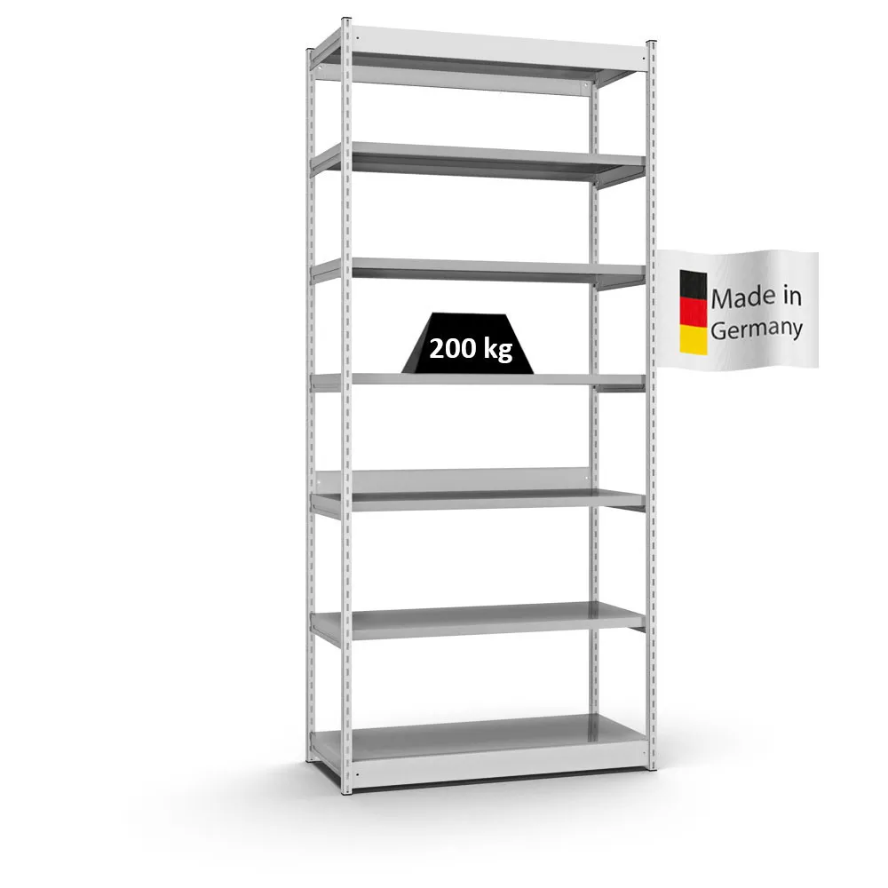 Fachbodenregal Stecksystem Vierkant-Profil | Grundregal | HxBxT 300x132,5x50cm | 7 Ebenen | Einseitige Bauart | Fachlast 200kg | Lichtgrau/Verzinkt