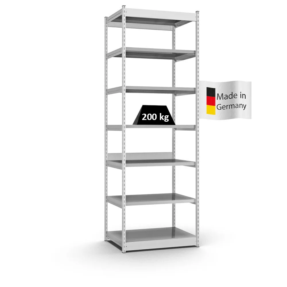 Fachbodenregal Stecksystem Vierkant-Profil | Grundregal | HxBxT 300x102,5x60cm | 7 Ebenen | Einseitige Bauart | Fachlast 200kg | Lichtgrau/Verzinkt