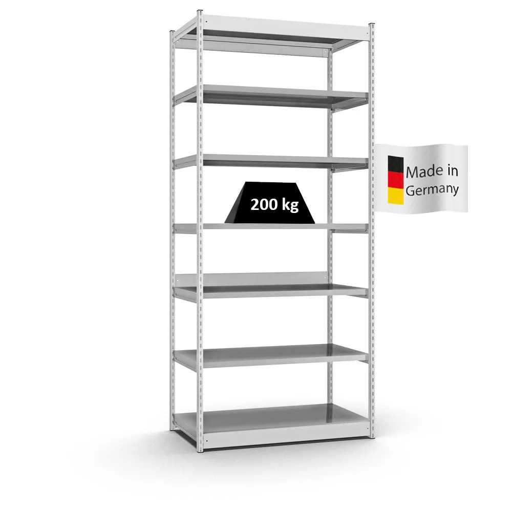 Fachbodenregal Stecksystem Vierkant-Profil | Grundregal | HxBxT 300x132,5x60cm | 7 Ebenen | Einseitige Bauart | Fachlast 200kg | Lichtgrau/Verzinkt