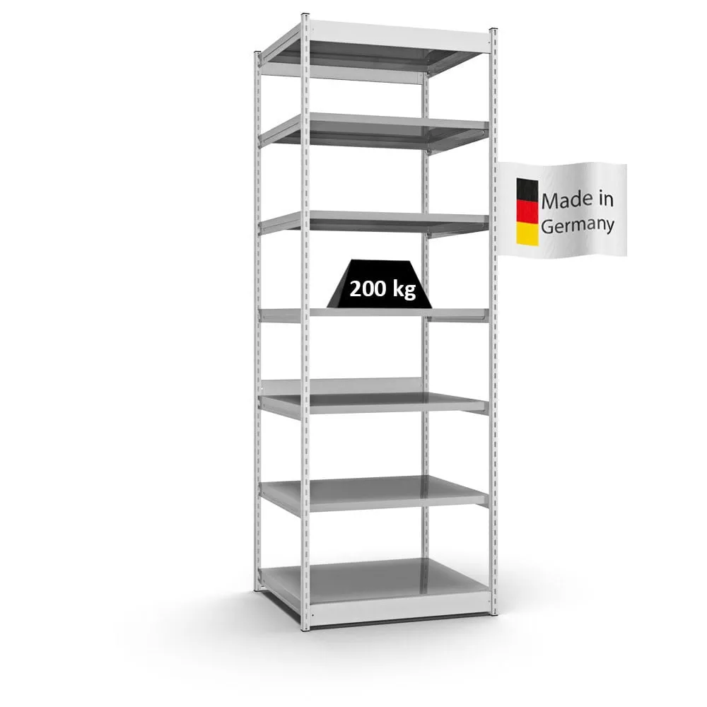 Fachbodenregal Stecksystem Vierkant-Profil | Grundregal | HxBxT 300x102,5x80cm | 7 Ebenen | Einseitige Bauart | Fachlast 200kg | Lichtgrau/Verzinkt