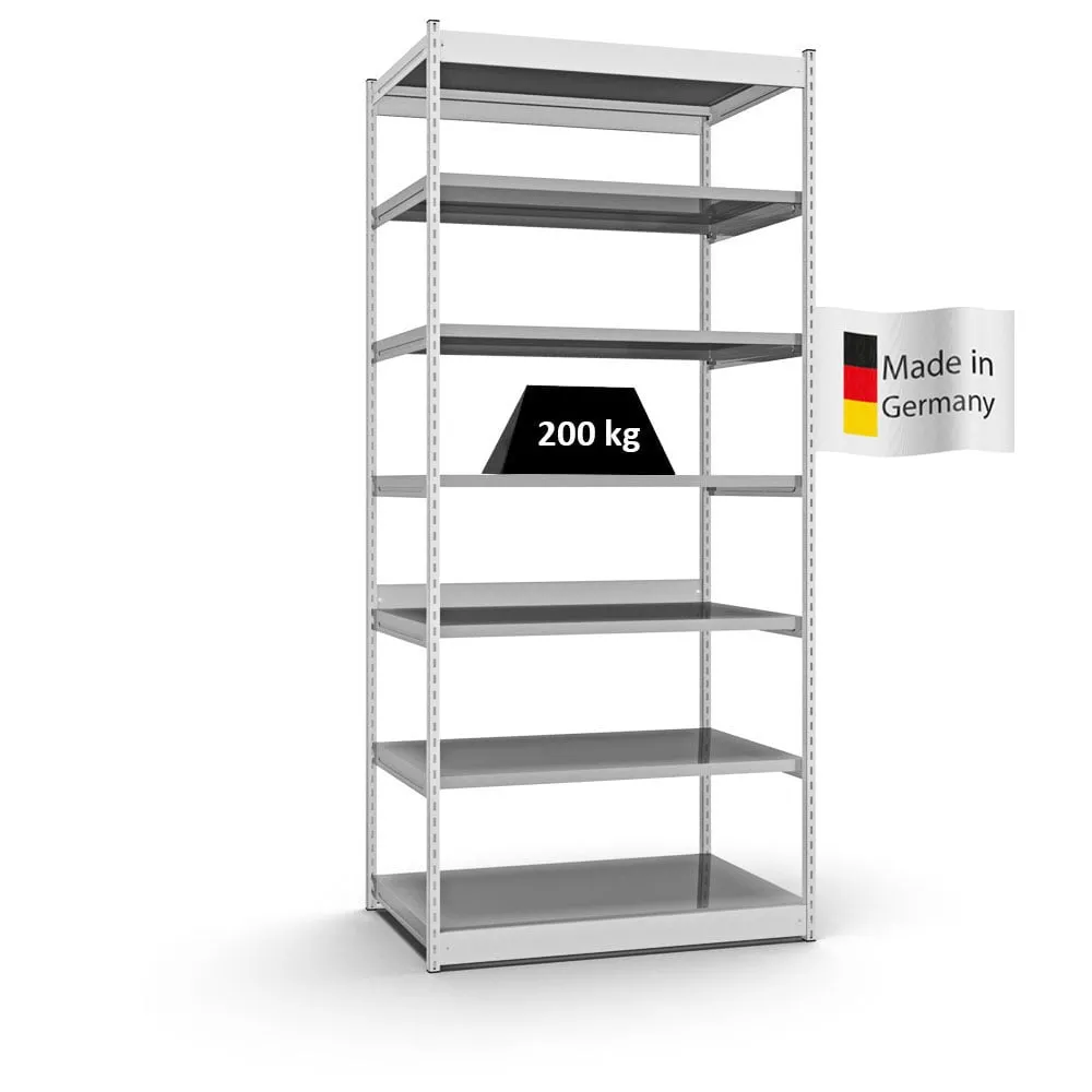 Fachbodenregal Stecksystem Vierkant-Profil | Grundregal | HxBxT 300x132,5x80cm | 7 Ebenen | Einseitige Bauart | Fachlast 200kg | Lichtgrau/Verzinkt