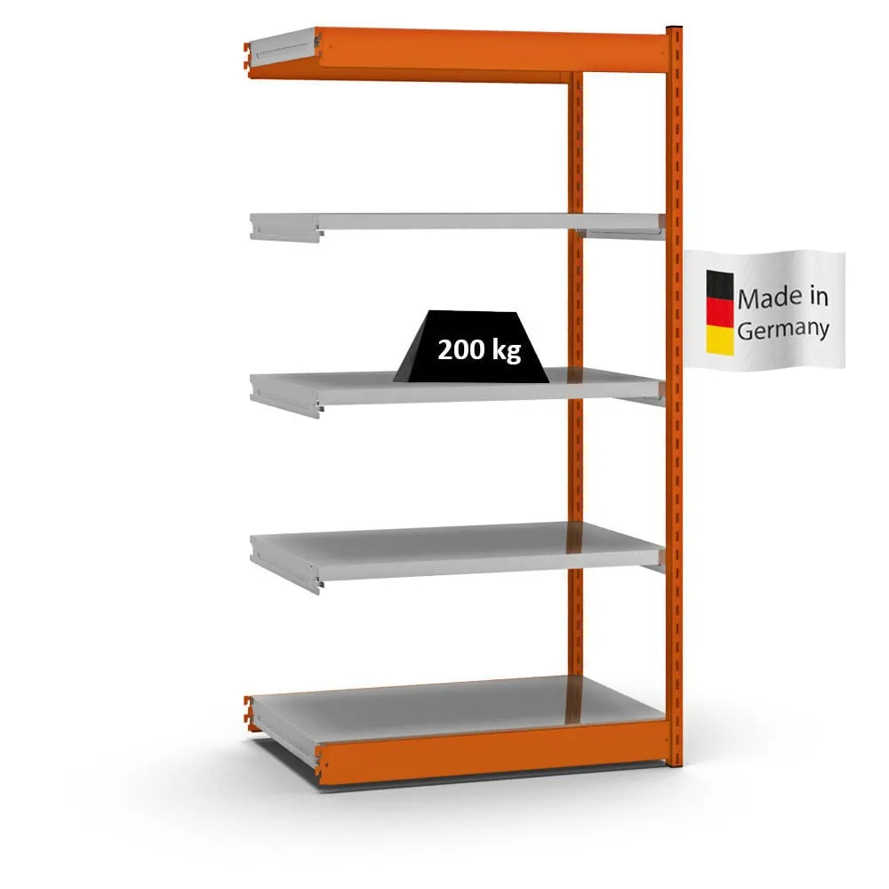 Fachbodenregal Stecksystem Vierkant-Profil | Anbauregal | HxBxT 200x102,5x60cm | 5 Ebenen | Einseitige Bauart | Fachlast 200kg | Orange/Verzinkt