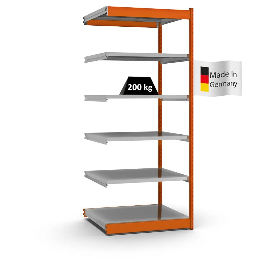 Fachbodenregal Stecksystem Vierkant-Profil | Anbauregal | HxBxT 250x102,5x80cm | 6 Ebenen | Einseitige Bauart | Fachlast 200kg | Orange/Verzinkt