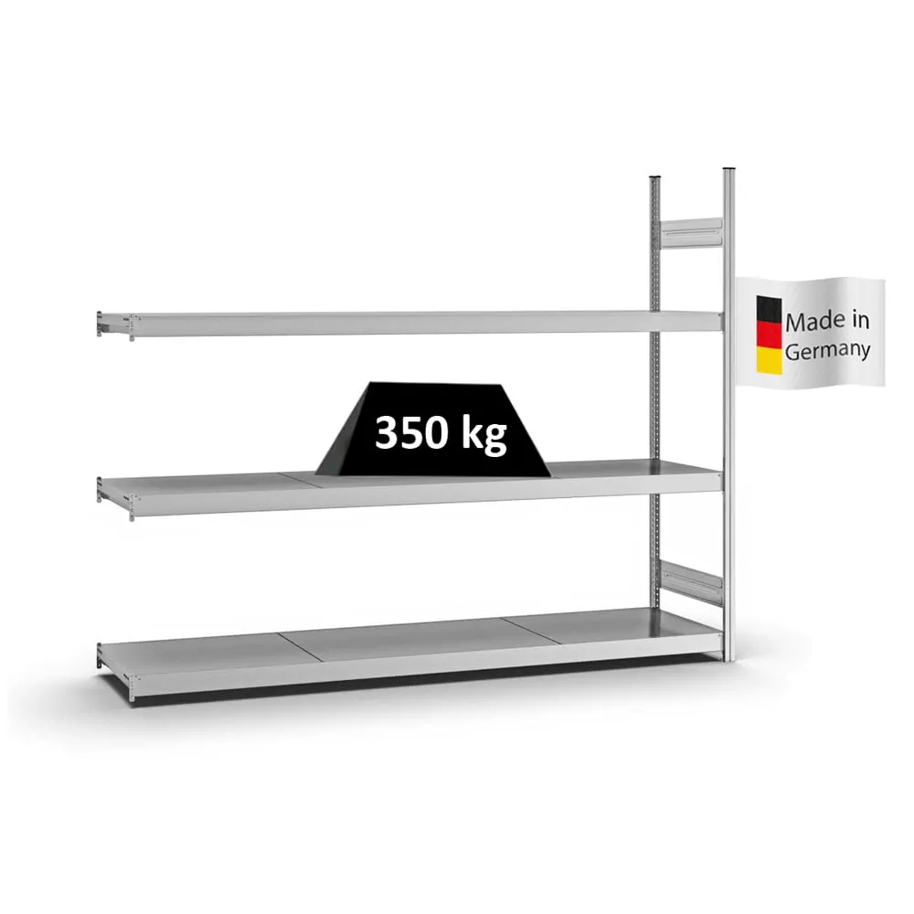 Weitspannregal Stecksystem T-Profil | Anbauregal | HxBxT 200x250x50cm | 3 Ebenen | Stahlplatten-Fachboden | Fachlast 350kg | Verzinkt