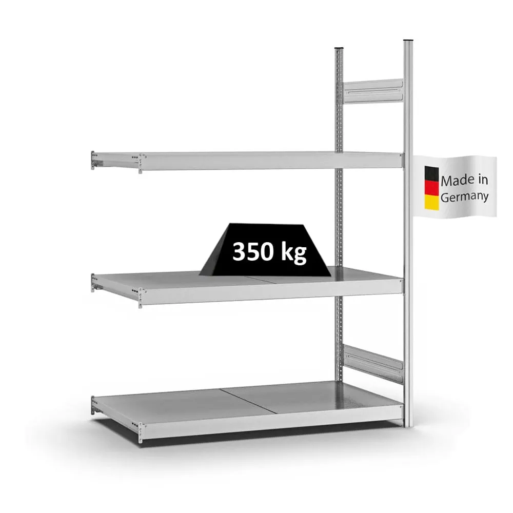 Weitspannregal Stecksystem T-Profil | Anbauregal | HxBxT 200x150x60cm | 3 Ebenen | Stahlplatten-Fachboden | Fachlast 350kg | Verzinkt