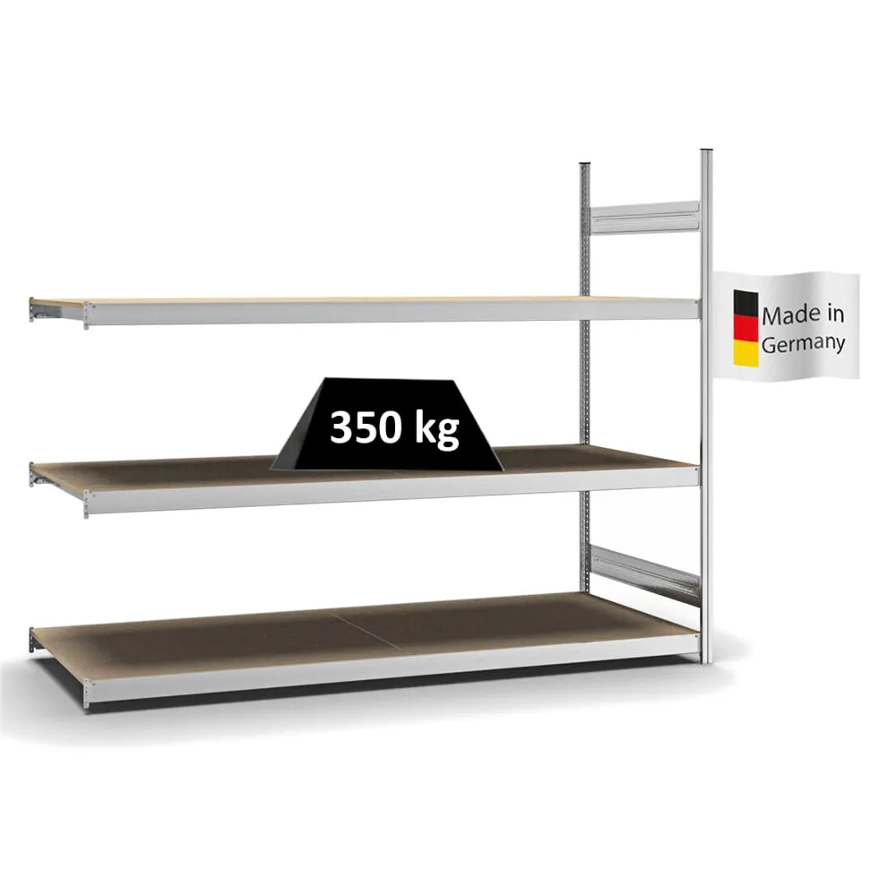 Weitspannregal Stecksystem T-Profil | Anbauregal | HxBxT 200x250x80cm | 3 Ebenen | Spanplatten-Fachboden | Fachlast 350kg | Verzinkt