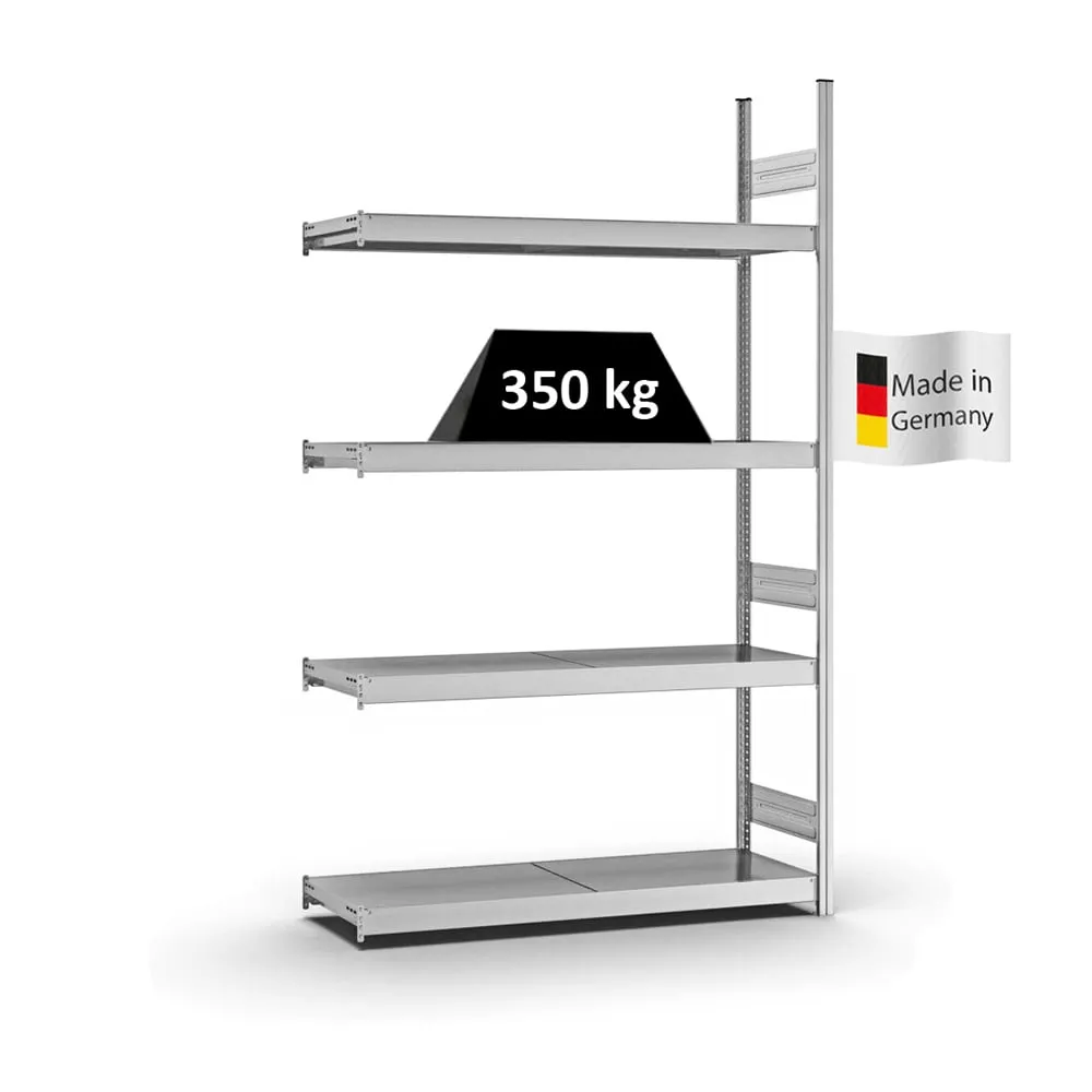 Weitspannregal Stecksystem T-Profil | Anbauregal | HxBxT 250x150x40cm | 4 Ebenen | Stahlplatten-Fachboden | Fachlast 350kg | Verzinkt