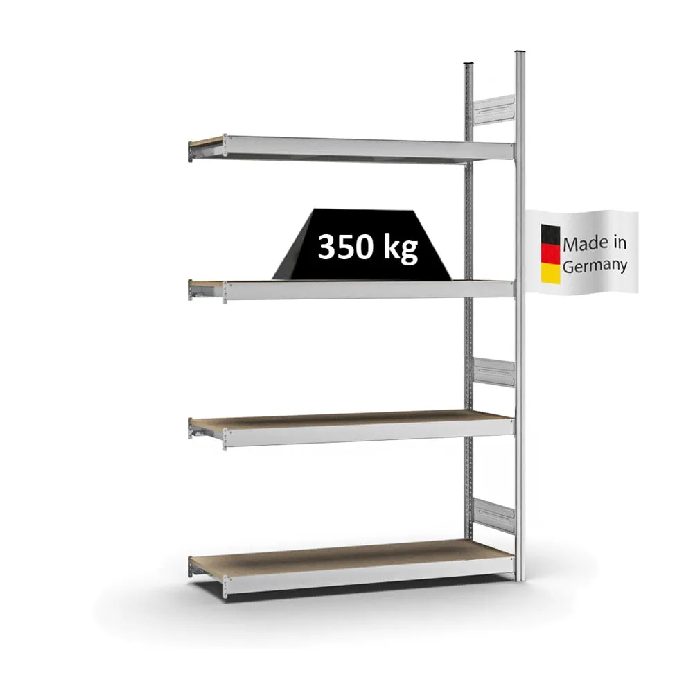 Weitspannregal Stecksystem T-Profil | Anbauregal | HxBxT 250x150x40cm | 4 Ebenen | Spanplatten-Fachboden | Fachlast 350kg | Verzinkt