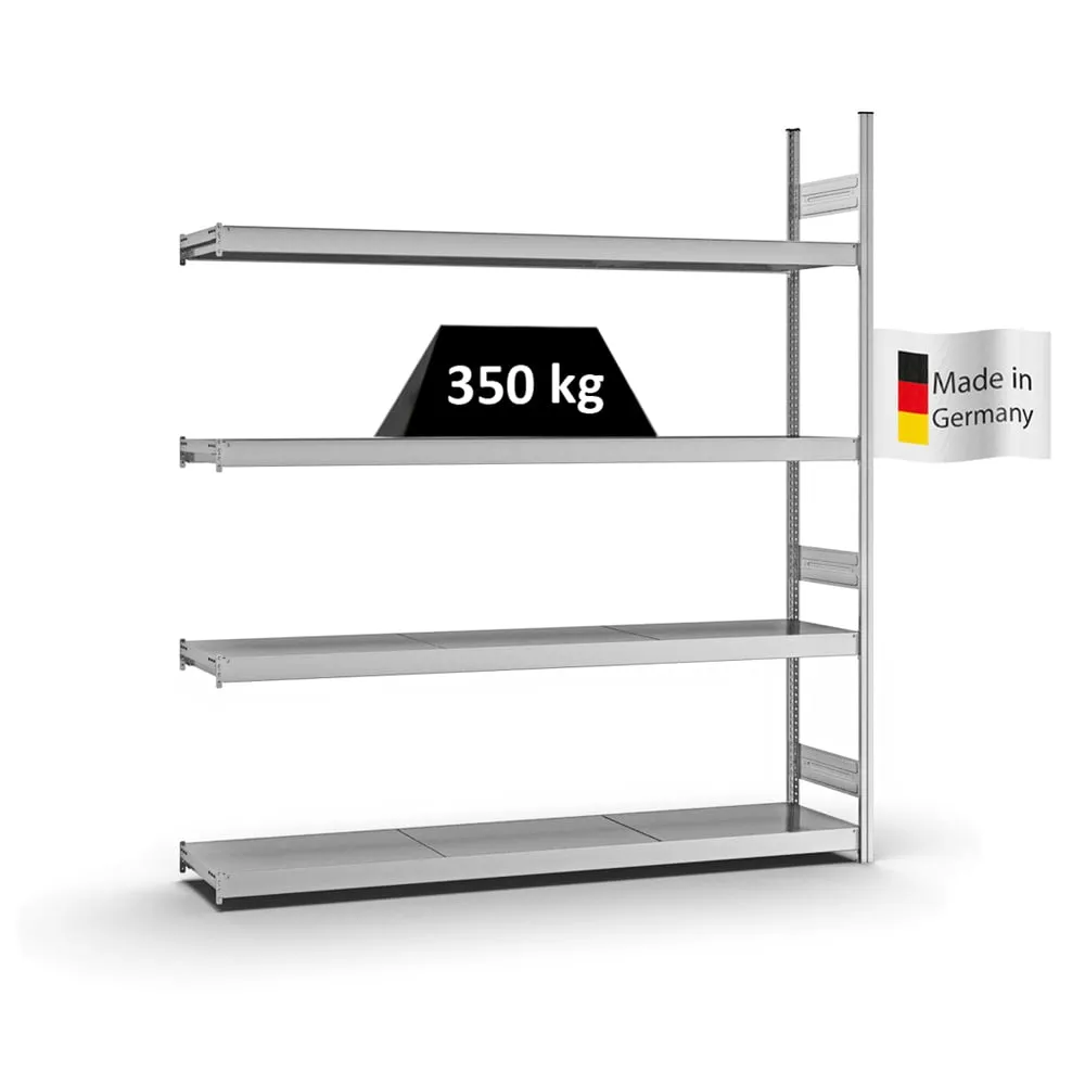 Weitspannregal Stecksystem T-Profil | Anbauregal | HxBxT 250x225x40cm | 4 Ebenen | Stahlplatten-Fachboden | Fachlast 350kg | Verzinkt