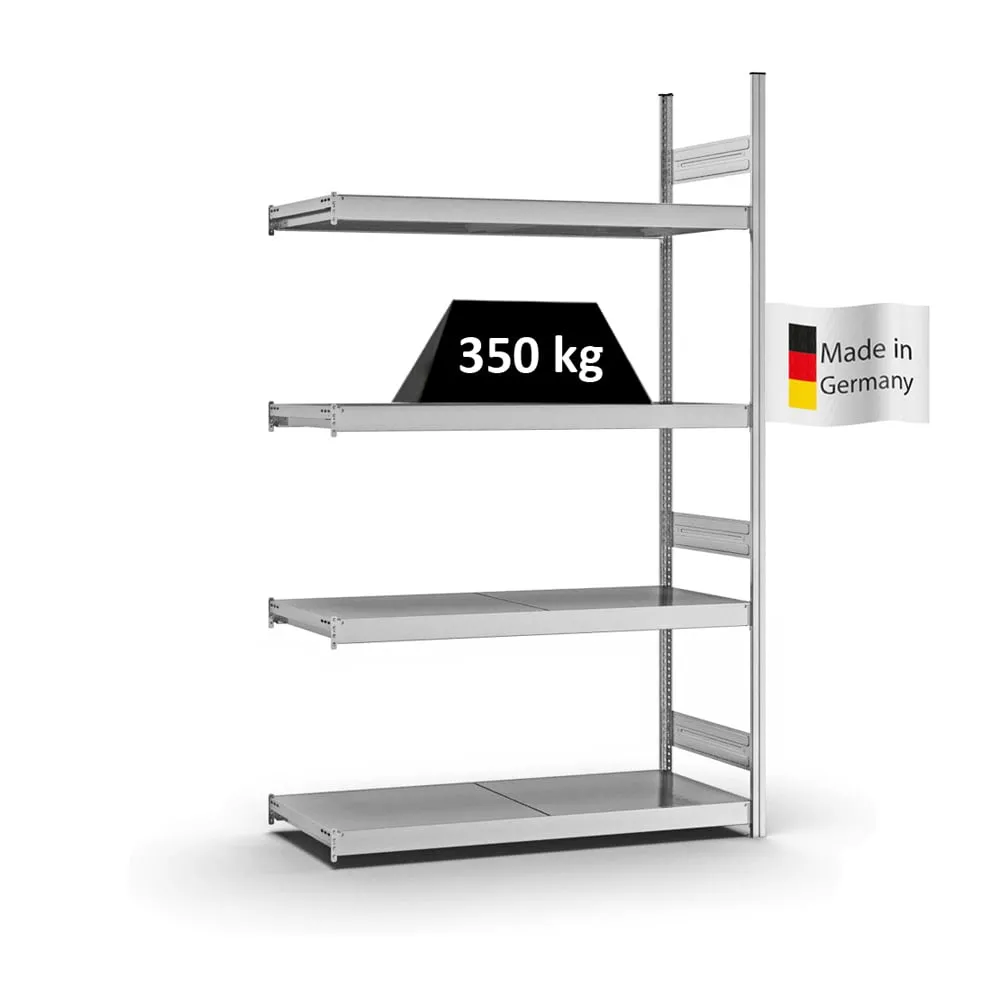 Weitspannregal Stecksystem T-Profil | Anbauregal | HxBxT 250x150x50cm | 4 Ebenen | Stahlplatten-Fachboden | Fachlast 350kg | Verzinkt