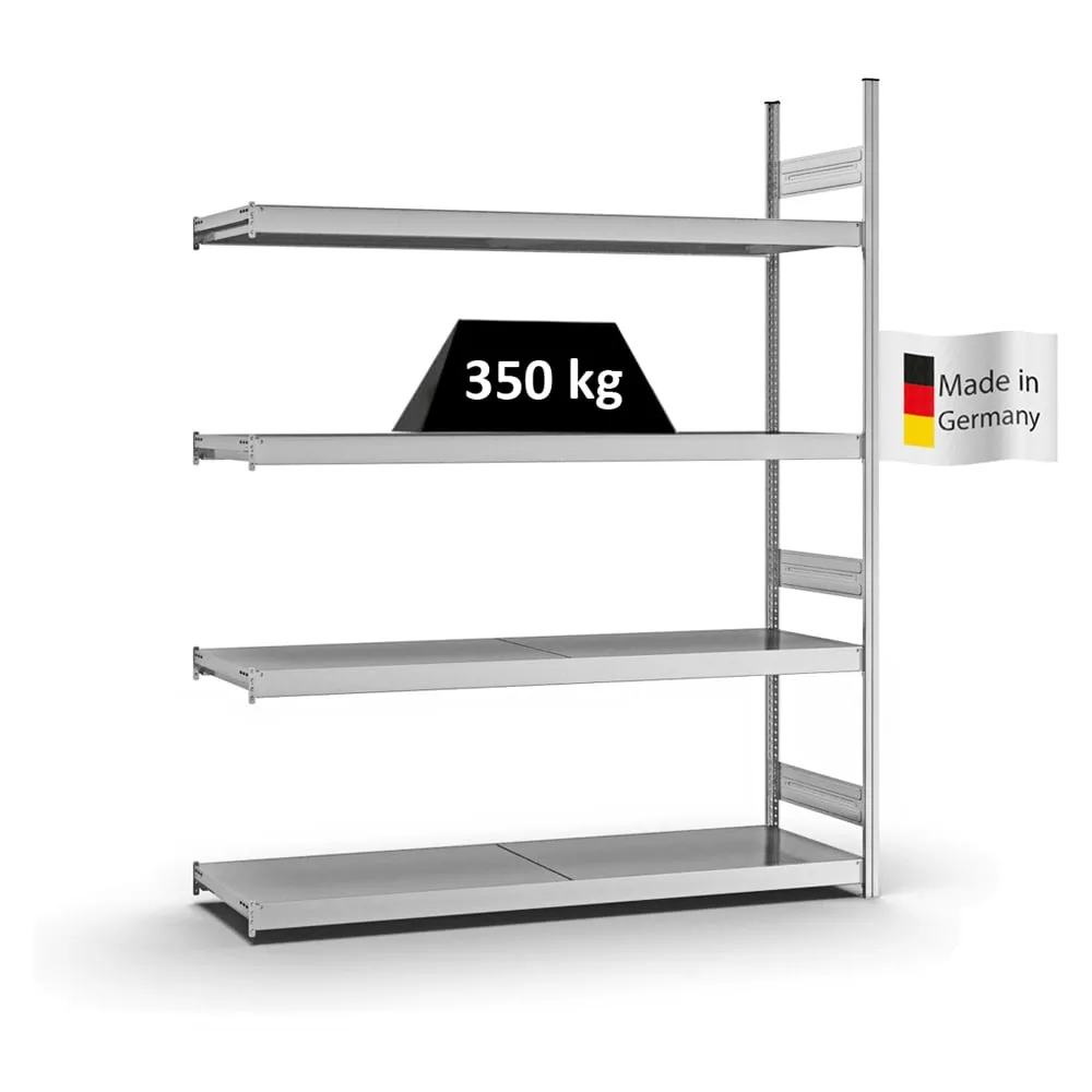 Weitspannregal Stecksystem T-Profil | Anbauregal | HxBxT 250x200x50cm | 4 Ebenen | Stahlplatten-Fachboden | Fachlast 350kg | Verzinkt