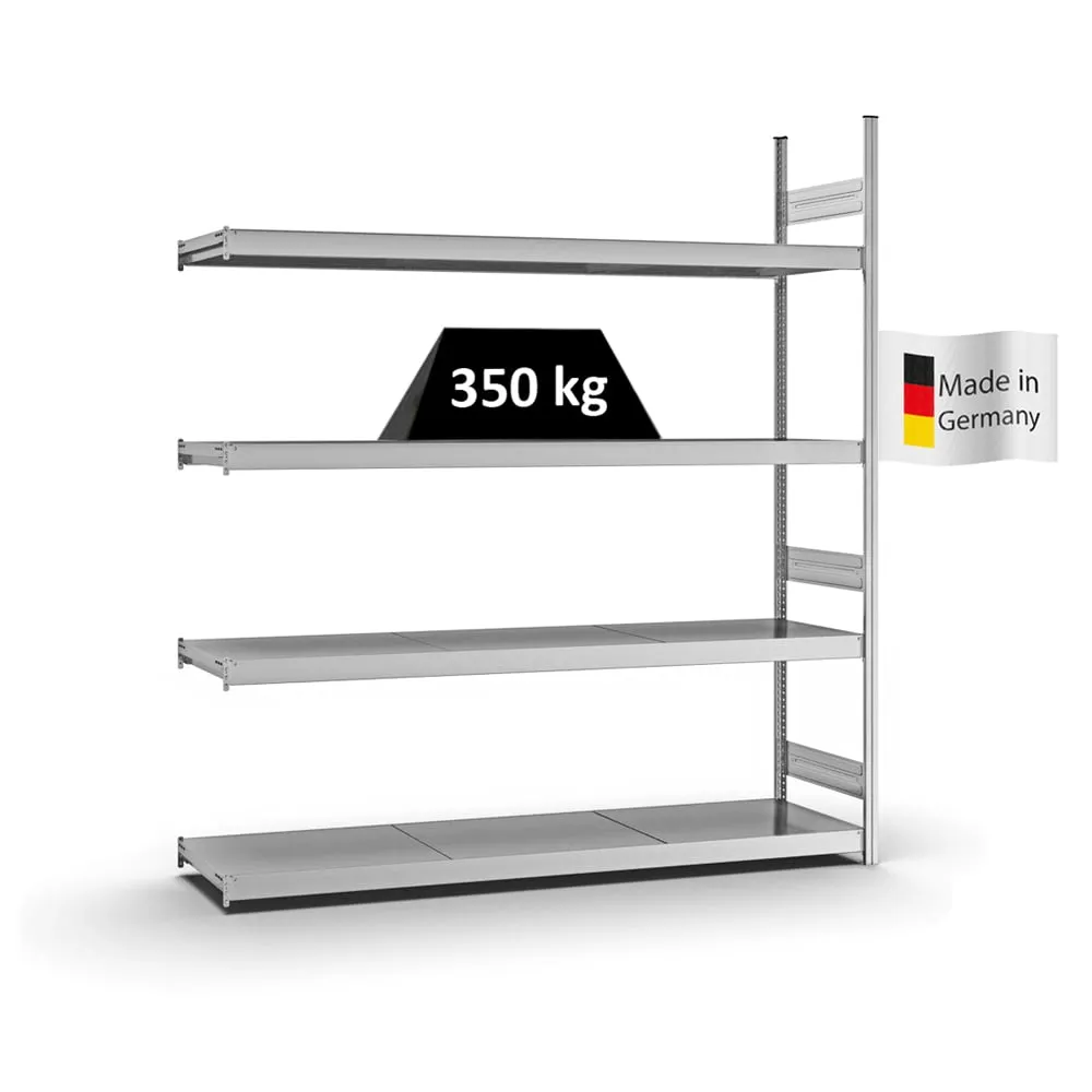 Weitspannregal Stecksystem T-Profil | Anbauregal | HxBxT 250x225x50cm | 4 Ebenen | Stahlplatten-Fachboden | Fachlast 350kg | Verzinkt
