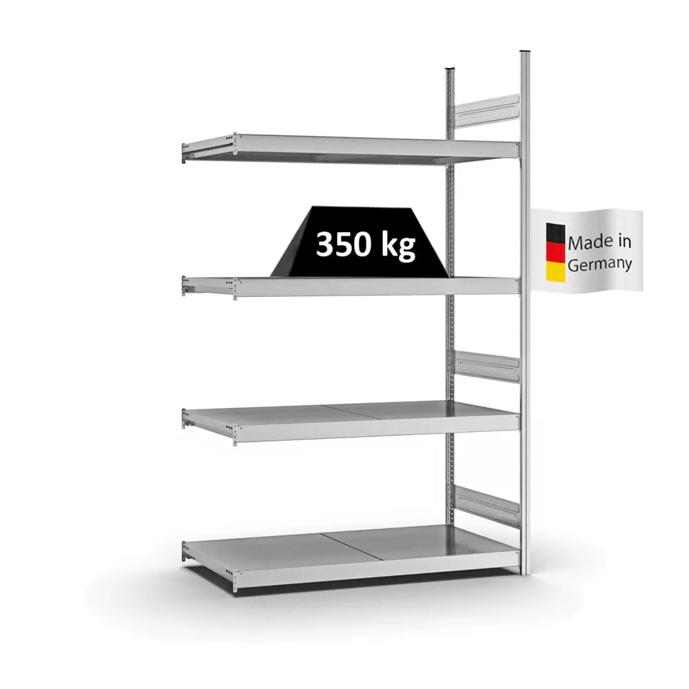 Weitspannregal Stecksystem T-Profil | Anbauregal | HxBxT 250x150x60cm | 4 Ebenen | Stahlplatten-Fachboden | Fachlast 350kg | Verzinkt