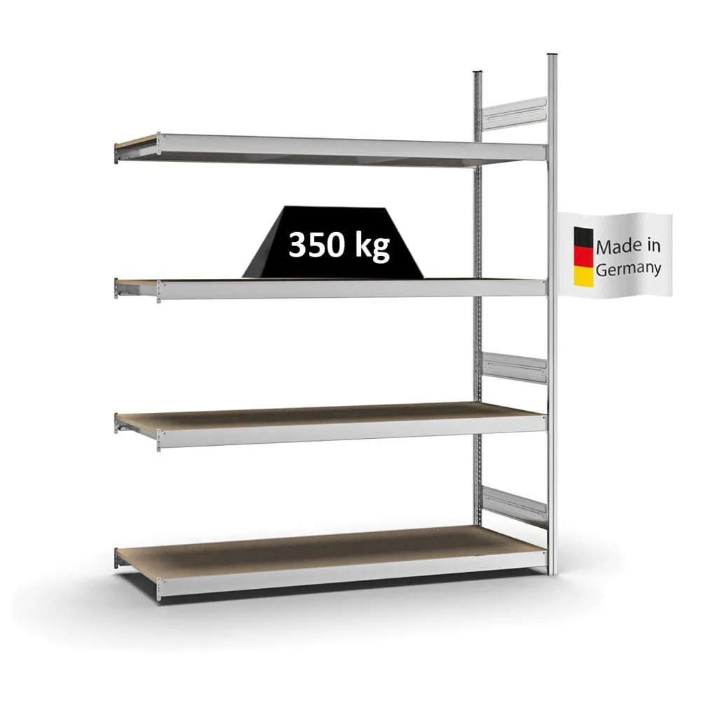 Weitspannregal Stecksystem T-Profil | Anbauregal | HxBxT 250x200x60cm | 4 Ebenen | Spanplatten-Fachboden | Fachlast 350kg | Verzinkt