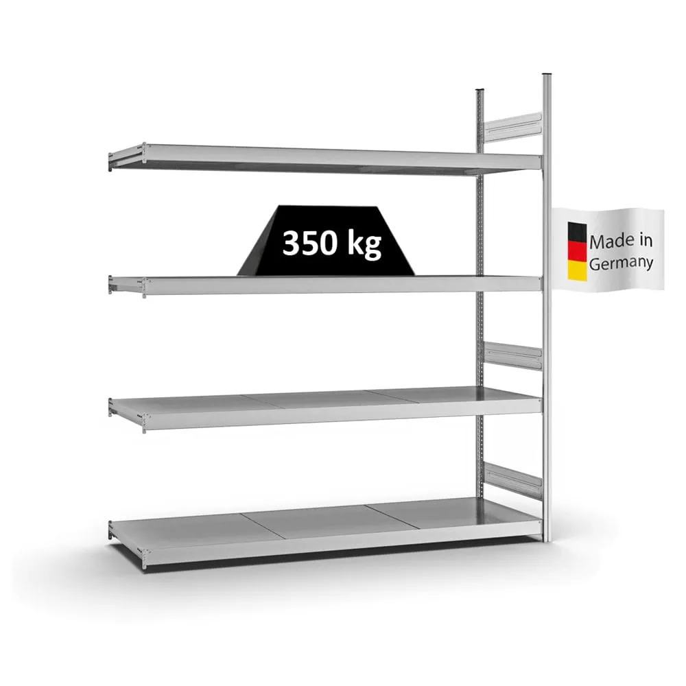 Weitspannregal Stecksystem T-Profil | Anbauregal | HxBxT 250x225x60cm | 4 Ebenen | Stahlplatten-Fachboden | Fachlast 350kg | Verzinkt