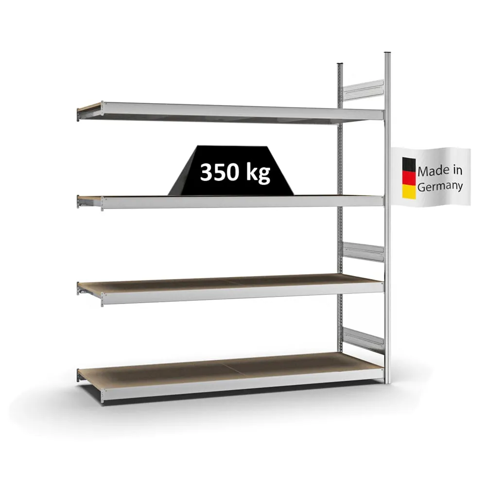 Weitspannregal Stecksystem T-Profil | Anbauregal | HxBxT 250x225x60cm | 4 Ebenen | Spanplatten-Fachboden | Fachlast 350kg | Verzinkt