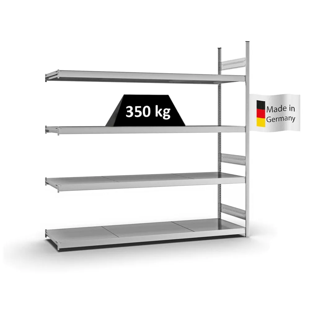Weitspannregal Stecksystem T-Profil | Anbauregal | HxBxT 250x250x60cm | 4 Ebenen | Stahlplatten-Fachboden | Fachlast 350kg | Verzinkt