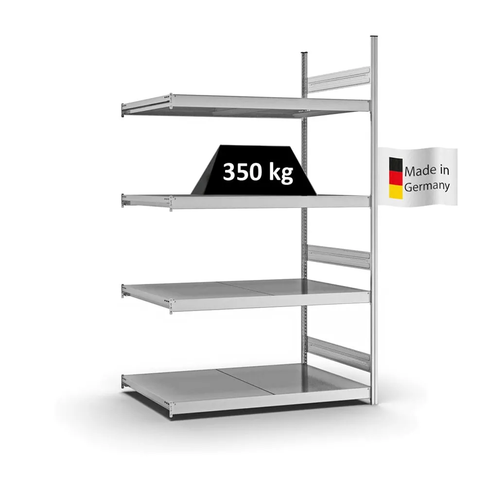 Weitspannregal Stecksystem T-Profil | Anbauregal | HxBxT 250x150x80cm | 4 Ebenen | Stahlplatten-Fachboden | Fachlast 350kg | Verzinkt