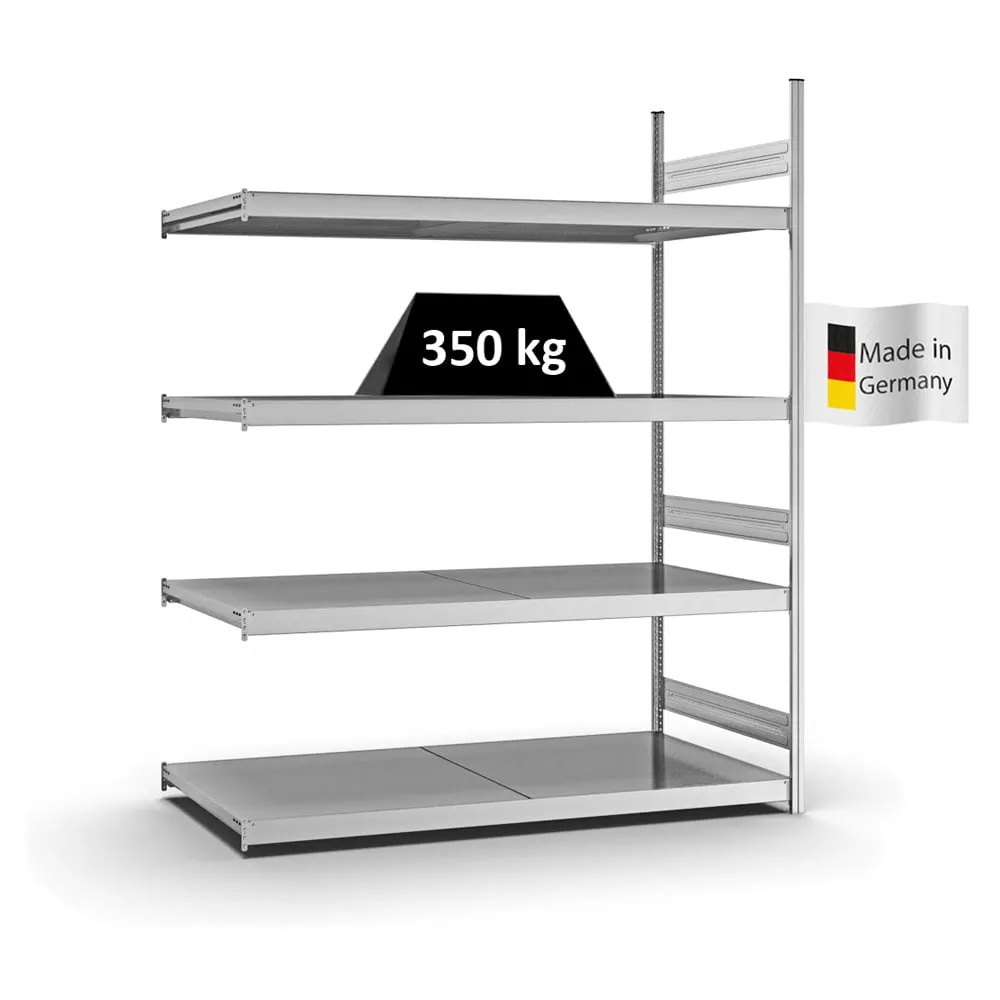 Weitspannregal Stecksystem T-Profil | Anbauregal | HxBxT 250x200x80cm | 4 Ebenen | Stahlplatten-Fachboden | Fachlast 350kg | Verzinkt