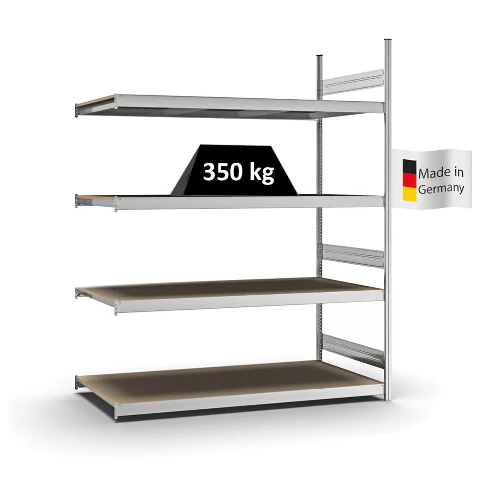 Weitspannregal Stecksystem T-Profil | Anbauregal | HxBxT 250x200x80cm | 4 Ebenen | Spanplatten-Fachboden | Fachlast 350kg | Verzinkt