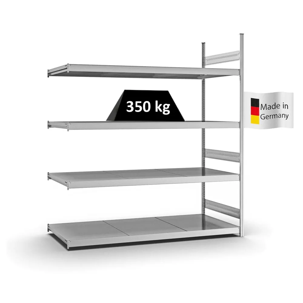 Weitspannregal Stecksystem T-Profil | Anbauregal | HxBxT 250x225x80cm | 4 Ebenen | Stahlplatten-Fachboden | Fachlast 350kg | Verzinkt