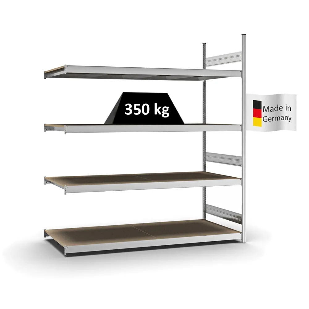 Weitspannregal Stecksystem T-Profil | Anbauregal | HxBxT 250x225x80cm | 4 Ebenen | Spanplatten-Fachboden | Fachlast 350kg | Verzinkt